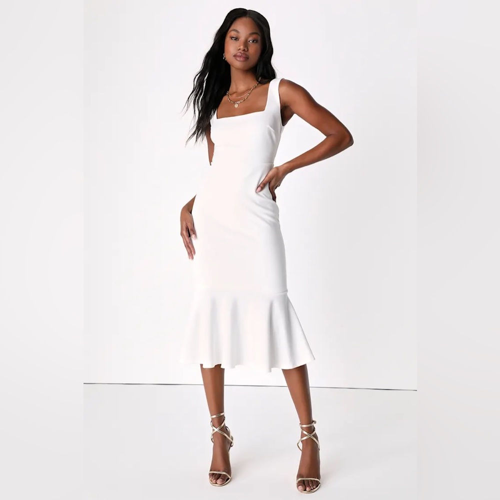 Moment Maker White Square Neck Trumpet Midi Dress